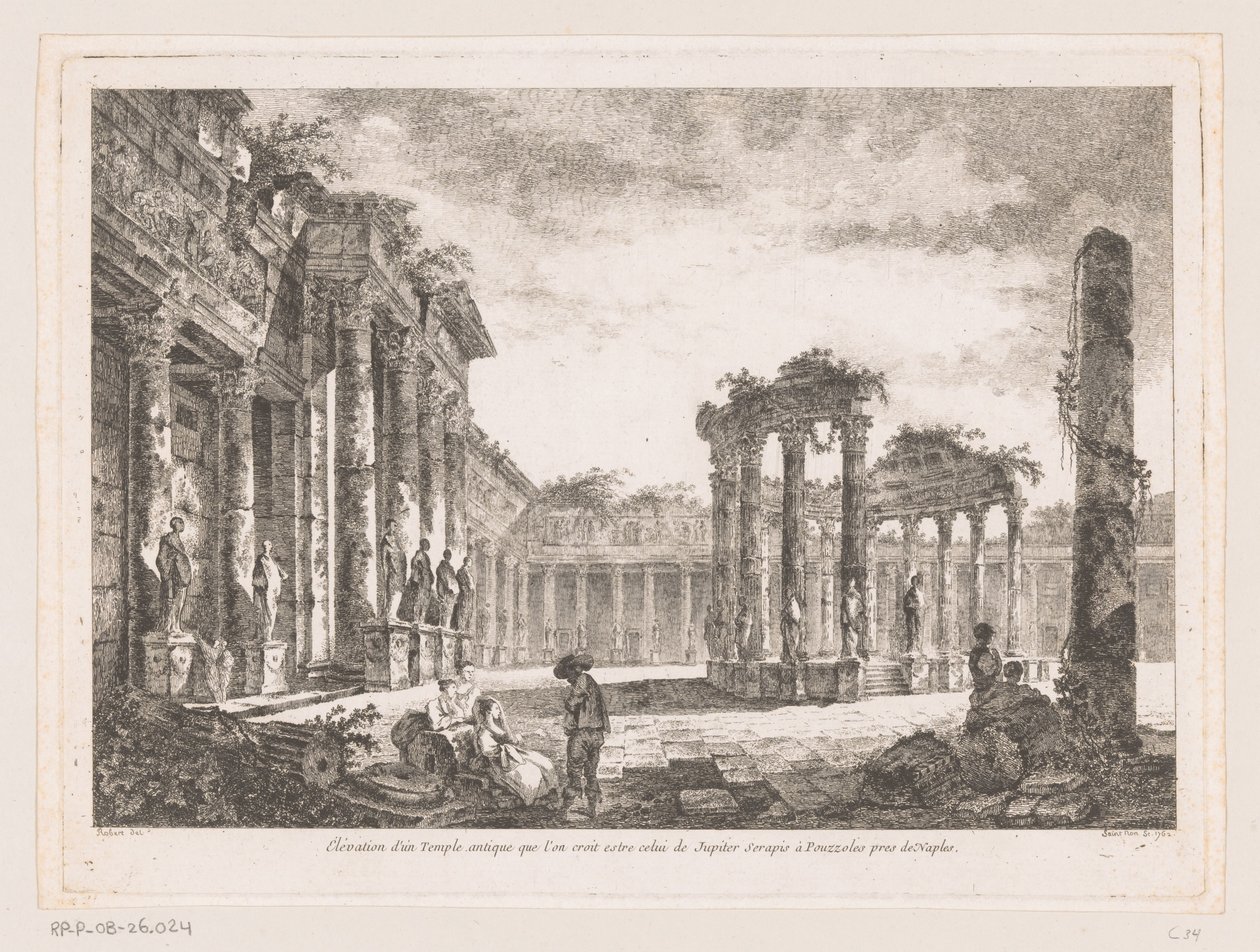 Gezicht op de Tempel van Jupiter Serapis يُعتقد أن ارتفاع معبد قديم يُعتقد أنه معبد جوبيتر سيرابيس في بوزولي بالقرب من نابولي (العنوان على الشيء) بواسطة ريتشارد دي سانت نون