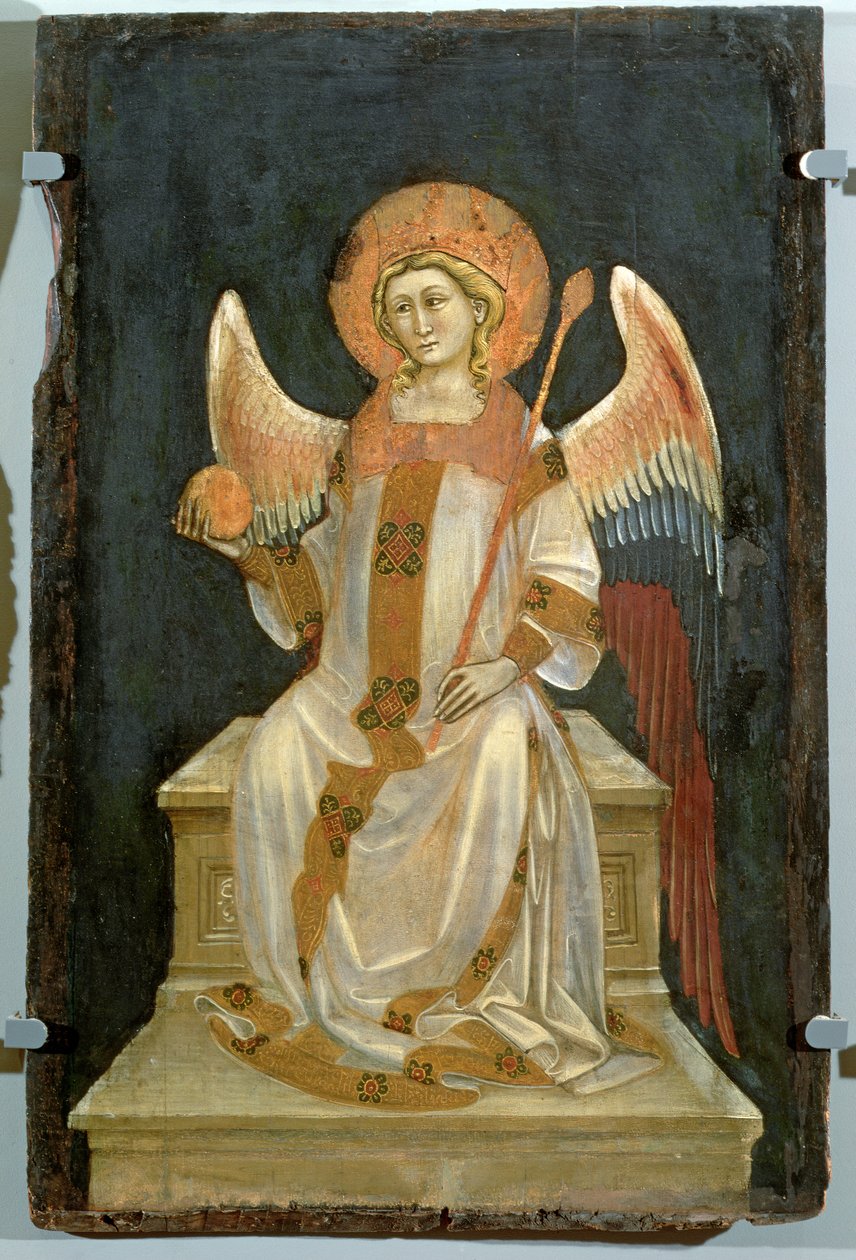 ملاك جالس على العرش ، الجرم السماوي من جهة ، الصولجان في اليد الأخرى ، ج. بواسطة Ridolfo di Arpo Guariento