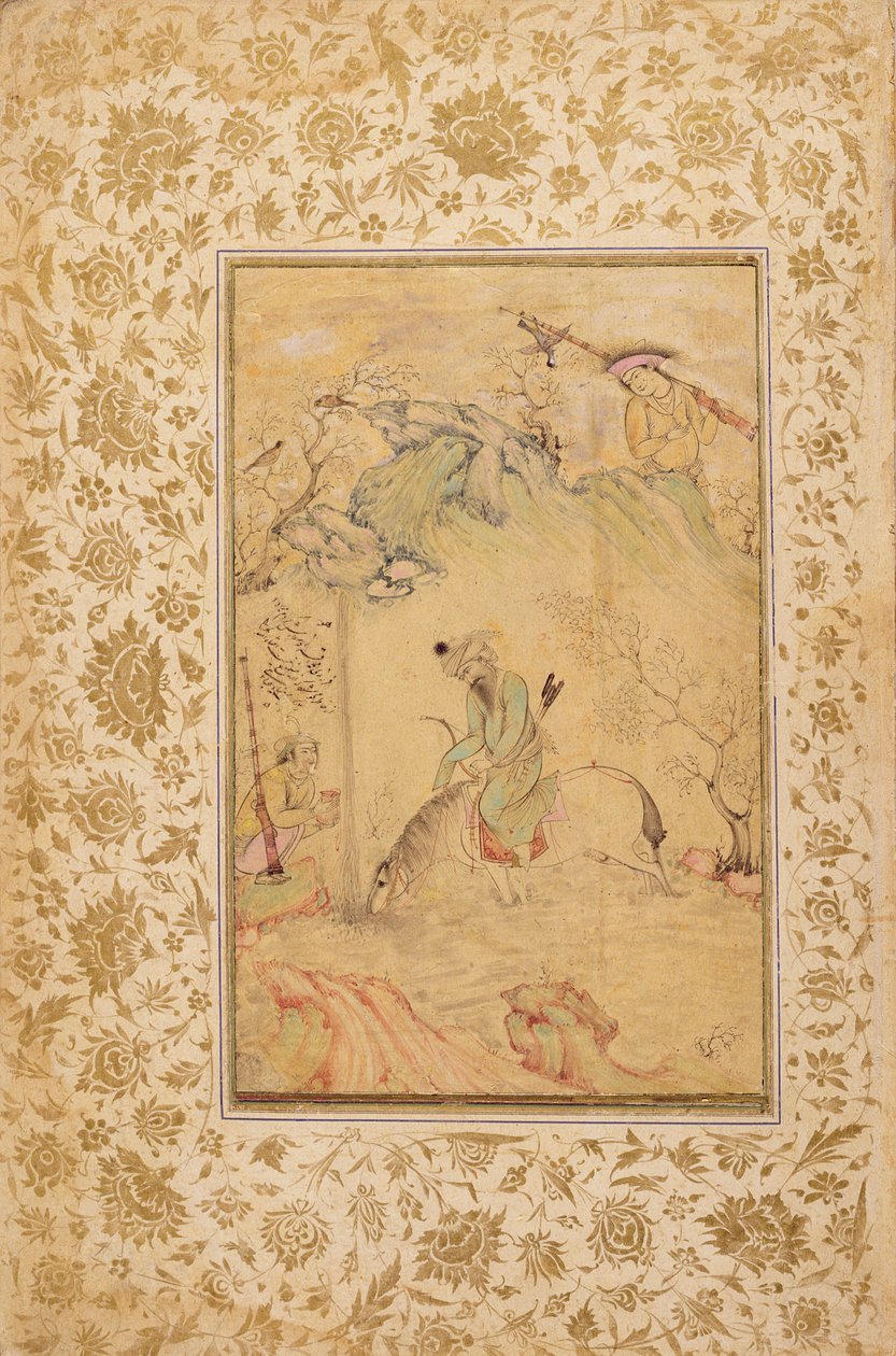 الصيادون في المناظر الطبيعية ، c.1615 (حبر ، مرحاض وذهب على ورق) بواسطة رضا العباسي