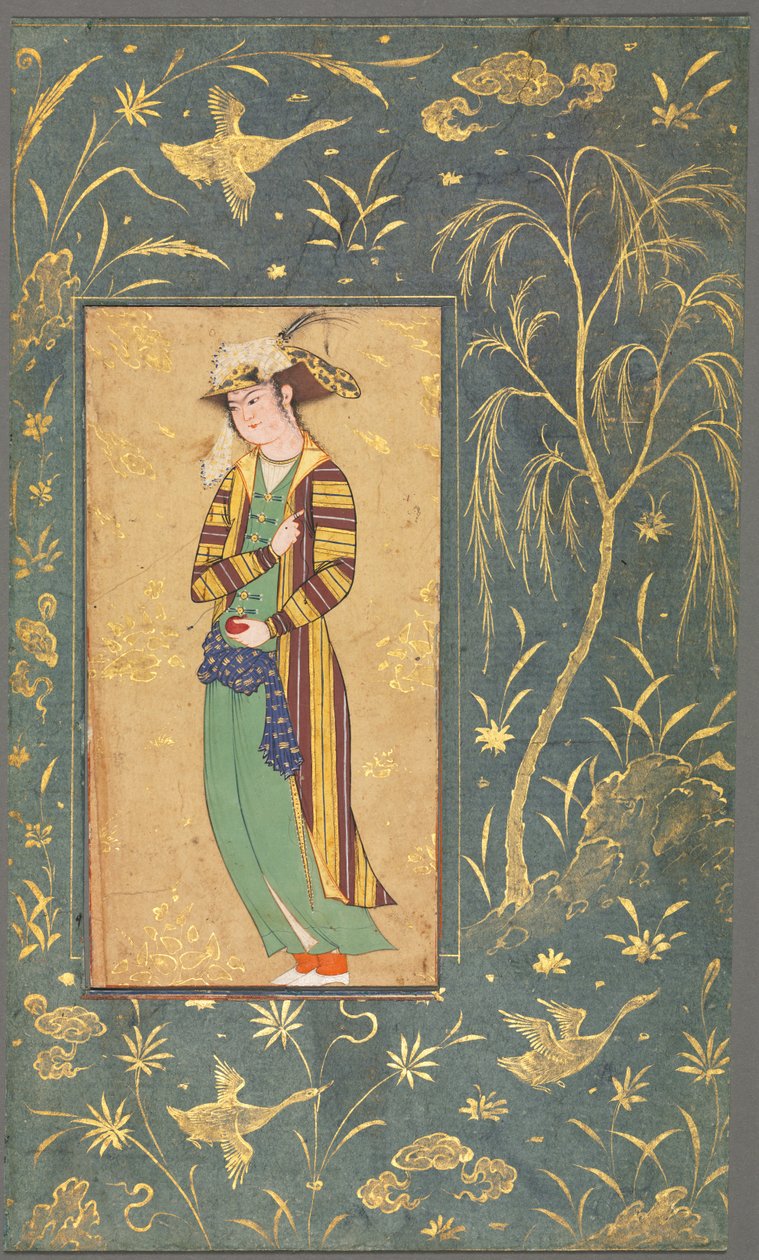 شباب يحمل رمانة ، رسم توضيحي من مخطوطة صفحة واحدة ، c.1600-1650. بواسطة رضا يي عباسي