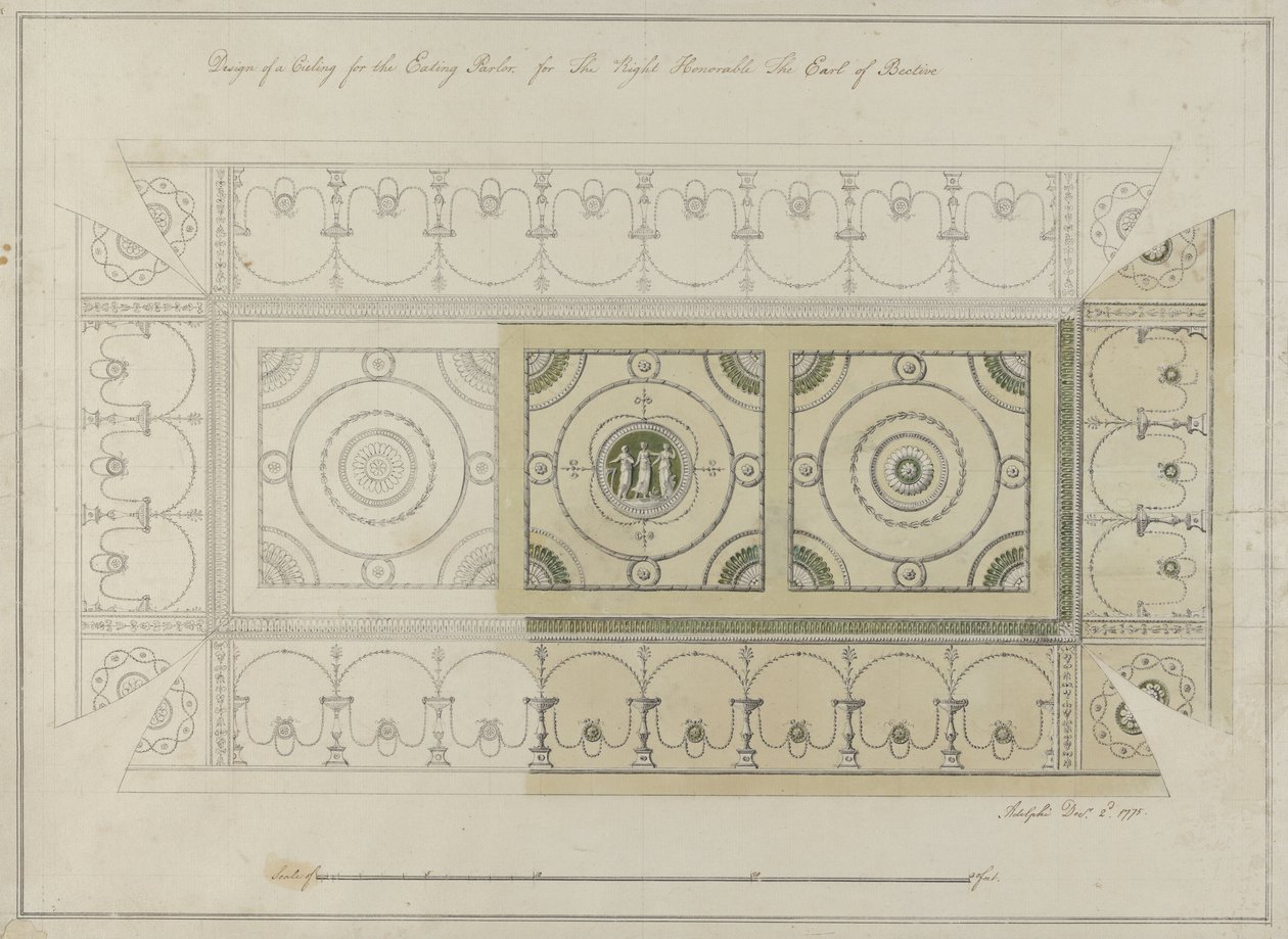 تصميم لسقف صالة الطعام ، هيدفورت هاوس ، 1775 (قلم وحبر مع مرحاض على ورق مسدود) بواسطة روبرت آدم