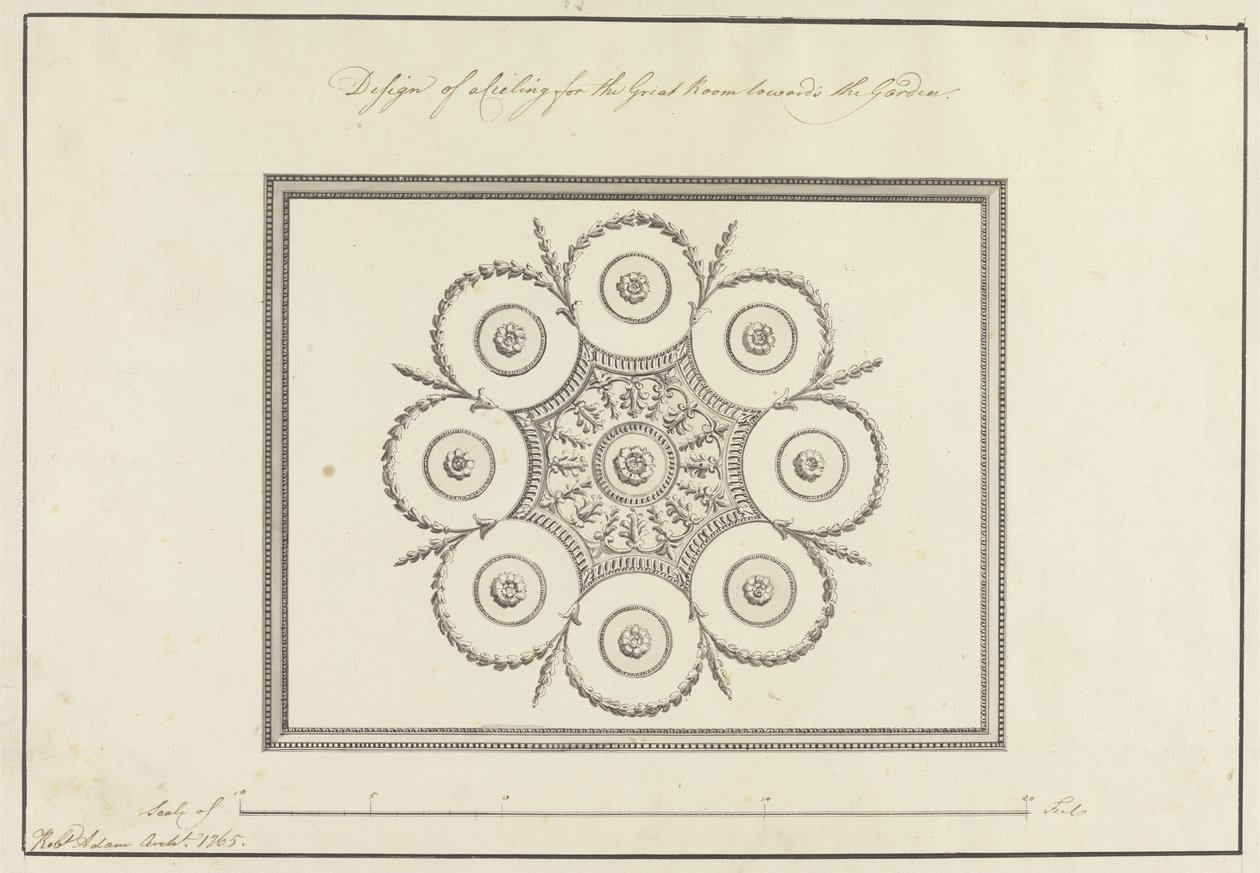 تصميم لسقف الغرفة الكبرى ، لانغفورد هاوس ، 1765 (قلم ، حبر أسود وبني مع غسل رمادي على ورق) بواسطة روبرت آدم
