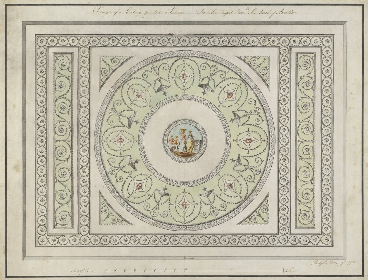 تصميم لسقف الصالون ، هيدفورت هاوس ، 1772 (قلم ، حبر اسود وبني ومرحاض على ورق) بواسطة روبرت آدم