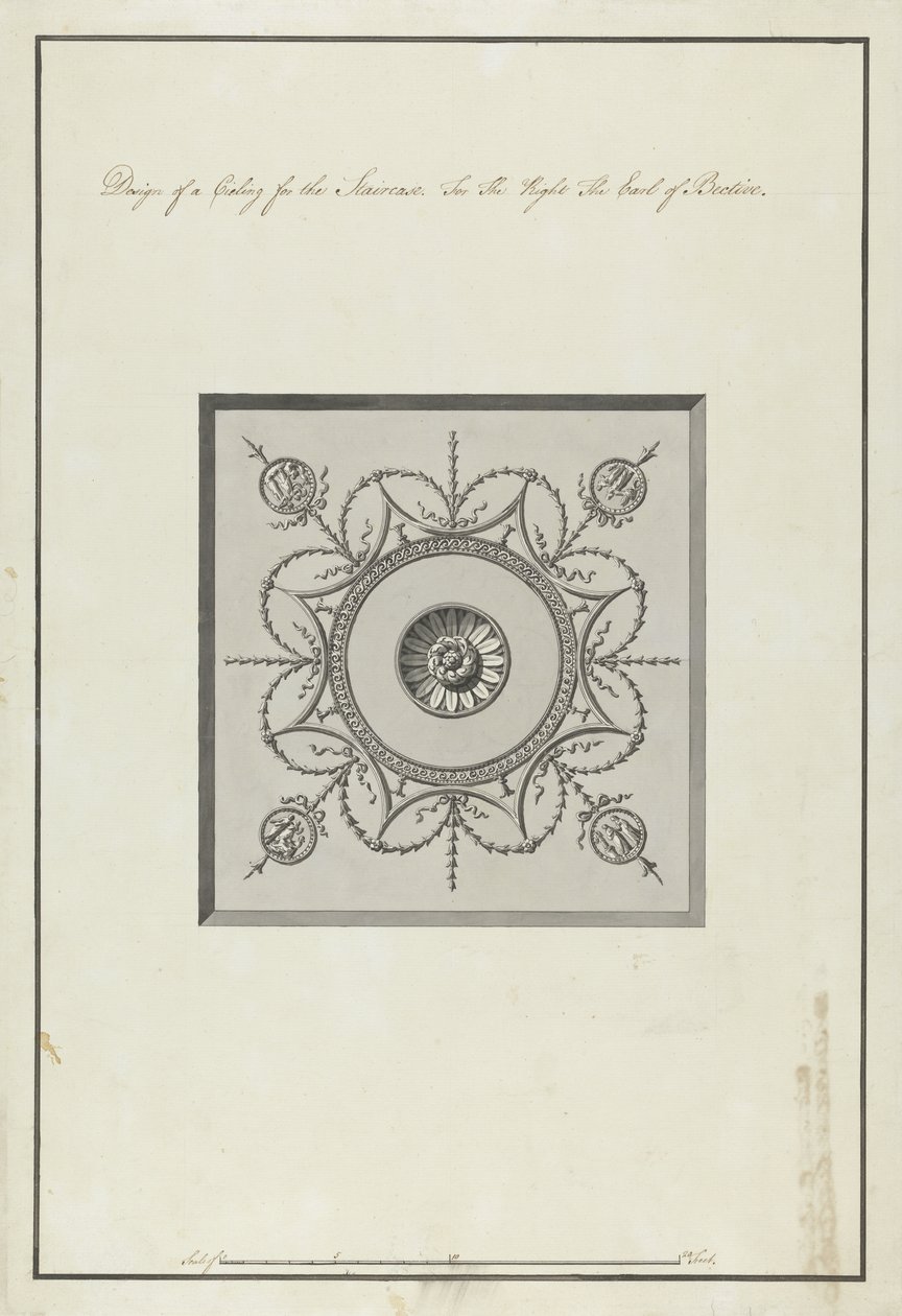تصميم لسقف الدرج ، هيدفورت هاوس ، 1771-75 (قلم وحبر أسود مع طلاء رمادي وأسود على ورق) بواسطة روبرت آدم
