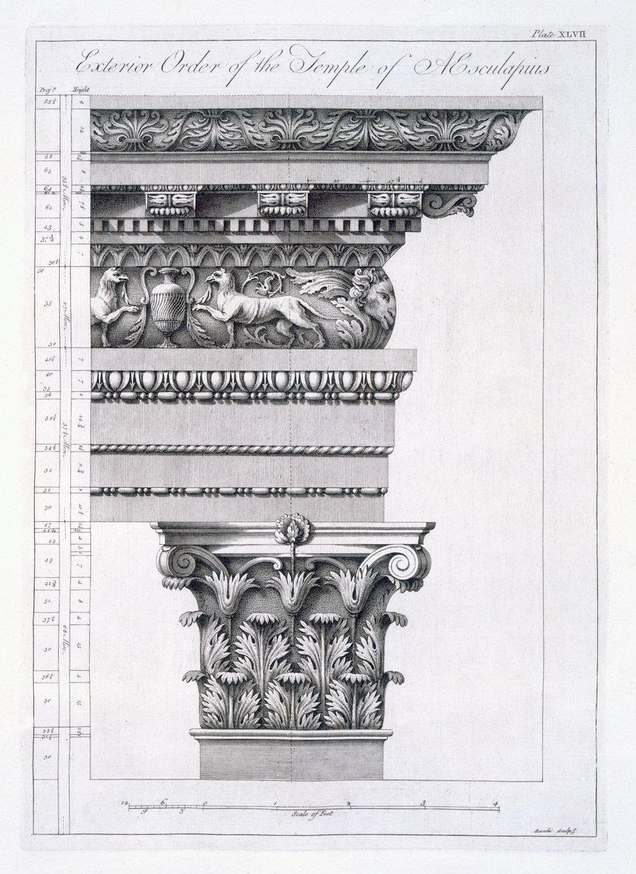 الترتيب الخارجي لمعبد Aesculapius ، اللوحة السابعة والأربعون من "أطلال قصر الإمبراطور دقلديانوس في Spalatro in Dalmatia" ، تم نشره عام 1764 بواسطة روبرت آدم