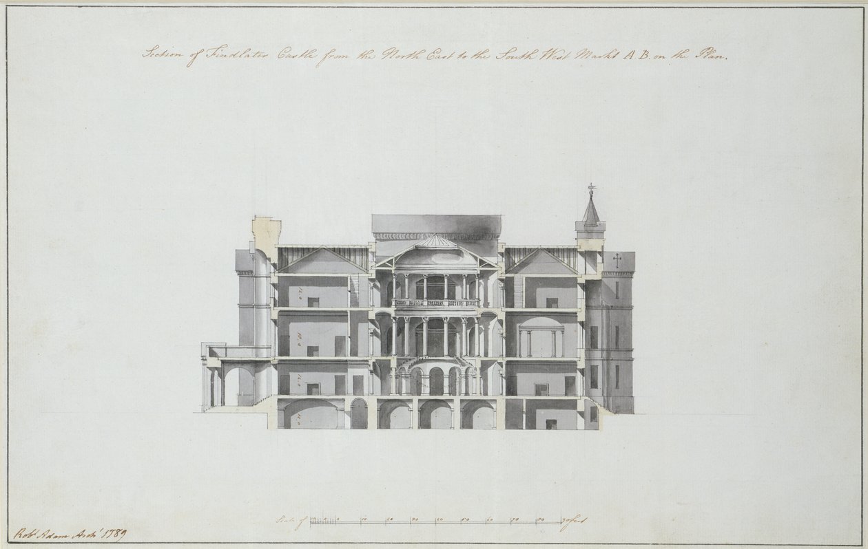 مقطع من قلعة فيندلاتر من الشمال الشرقي إلى الجنوب الغربي ، 1789 (حبر وغسل على الورق) (انظر أيضًا 273034) بواسطة روبرت آدم