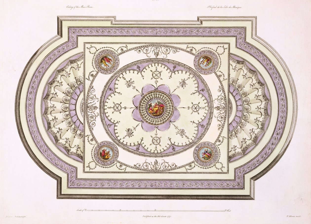سقف غرفة الموسيقى ، من الأعمال في العمارة ، المجلد الثاني ، 1779 (مطبوعة) بواسطة روبرت آدم