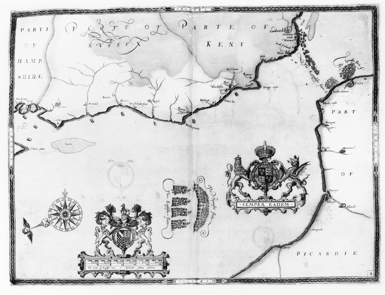 توضح الخريطة رقم 8 مسار أسطول أرمادا ، المنقوش بواسطة أوغسطين ريثر ، 1588 بواسطة روبرت آدامز