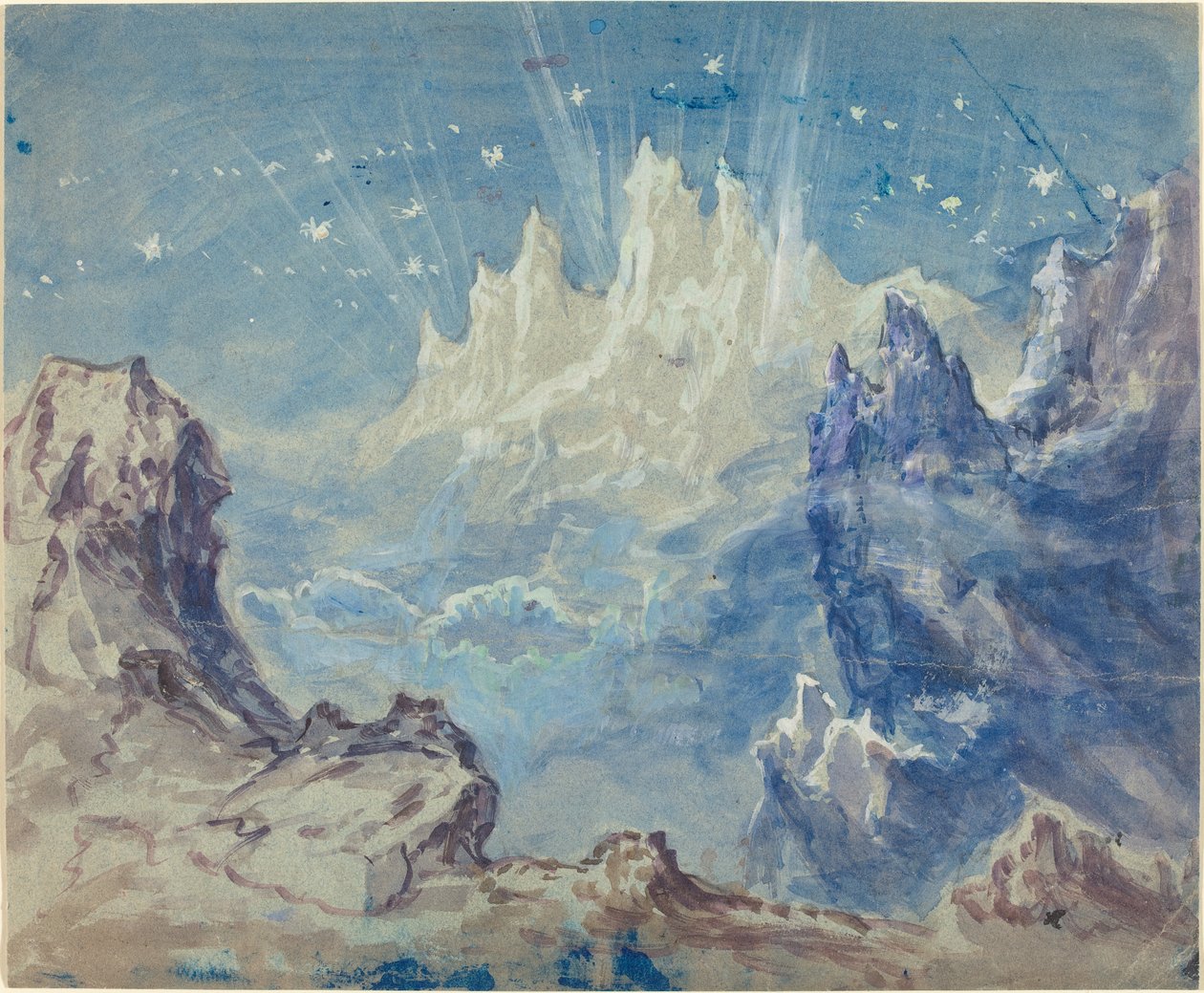 منظر جبلي رائع مع سماء نجمية (ألوان مائية وغواش على ورق منسوج رمادي-أزرق) بواسطة روبرت كاني