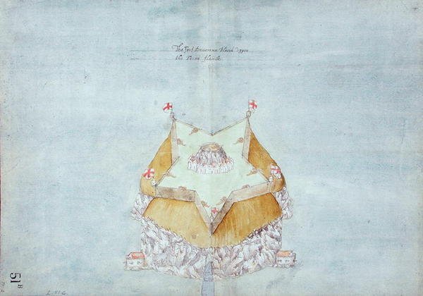 حصن Devereux الذي وضع في Uppon في جزيرة Ferne ، c.1597-1601 (مرحاض وقلم رصاص وقلم وحبر على ورق مدعوم بالكتان) بواسطة روبرت ديفيروكس