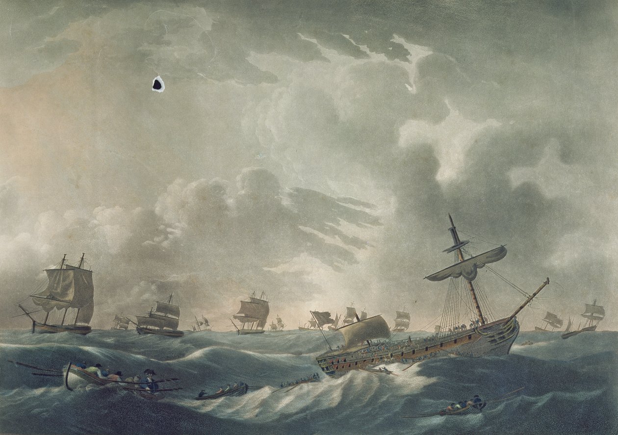 The Ramillies Waterlogg&39;d ، مع مغادرة أميرال وطاقم حطام السفينة ، نقشها فرانسيس جوكس (1745-1812) المنشور عام 1795 (أكواتينت) بواسطة روبرت دود