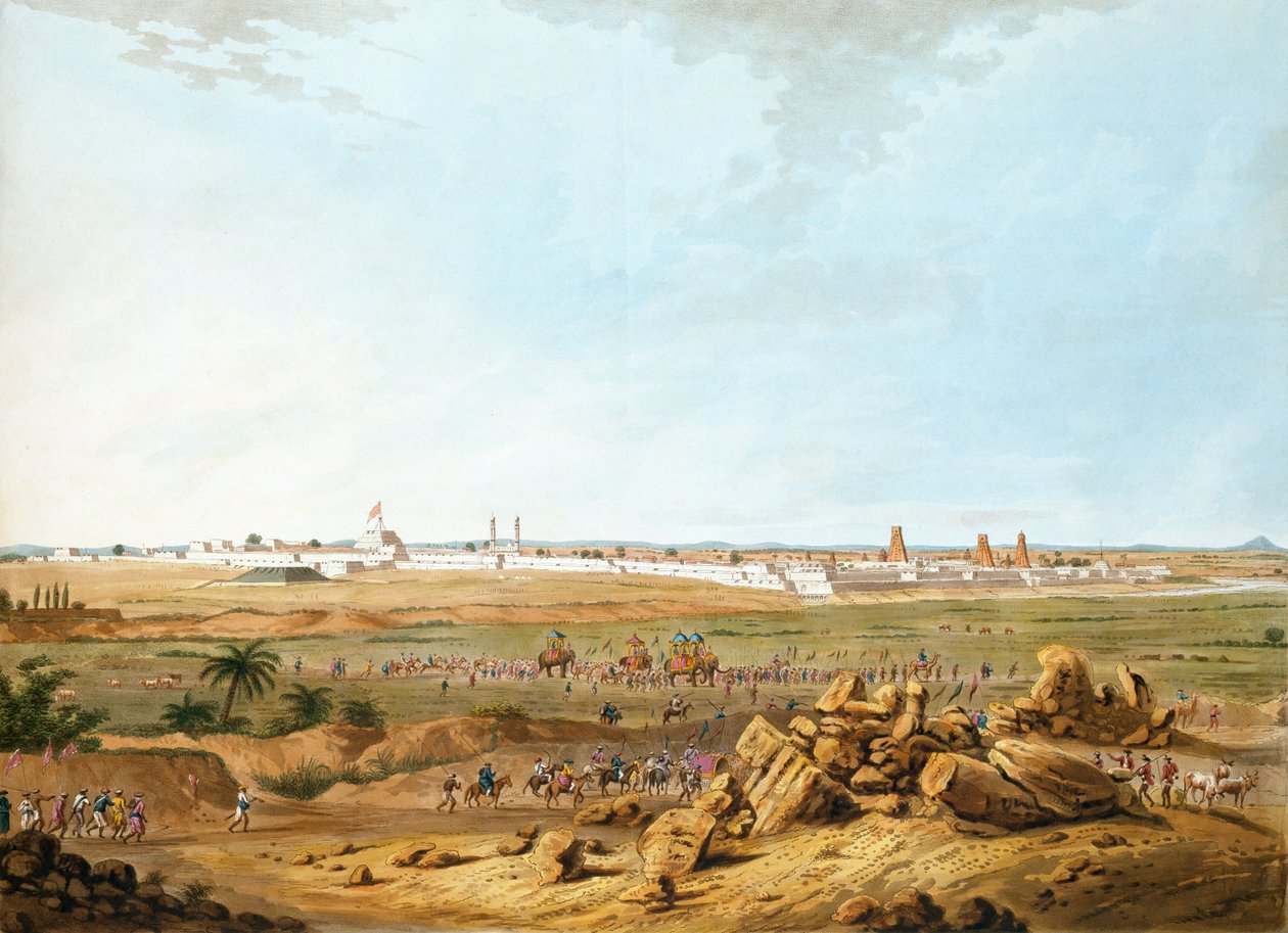 المنظر الشرقي لسيرينجاباتام في 15 مايو 1791 ، رسم توضيحي من اثني عشر مناظر ميسور ، بلد تيبو سلطان محفورة وملونة من قبل JW Edy ، تم نشره عام 1804 (ألوان مائية) بواسطة روبرت إتش. كولبروك