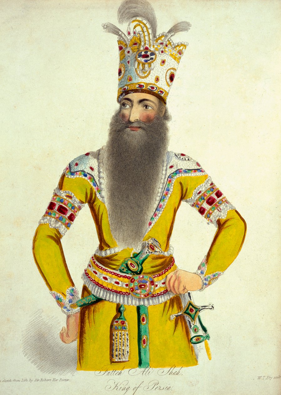 صورة لفتة علي شاه ، محفورة بقلم ويليام توماس فراي (1789-1843) من "رحلات في جورجيا وبلاد فارس وأرمينيا وبابل القديمة ، undc ، خلال سنوات بابل 1817-2017" ، المنشورة 1821-22 بواسطة روبرت كير بورتر