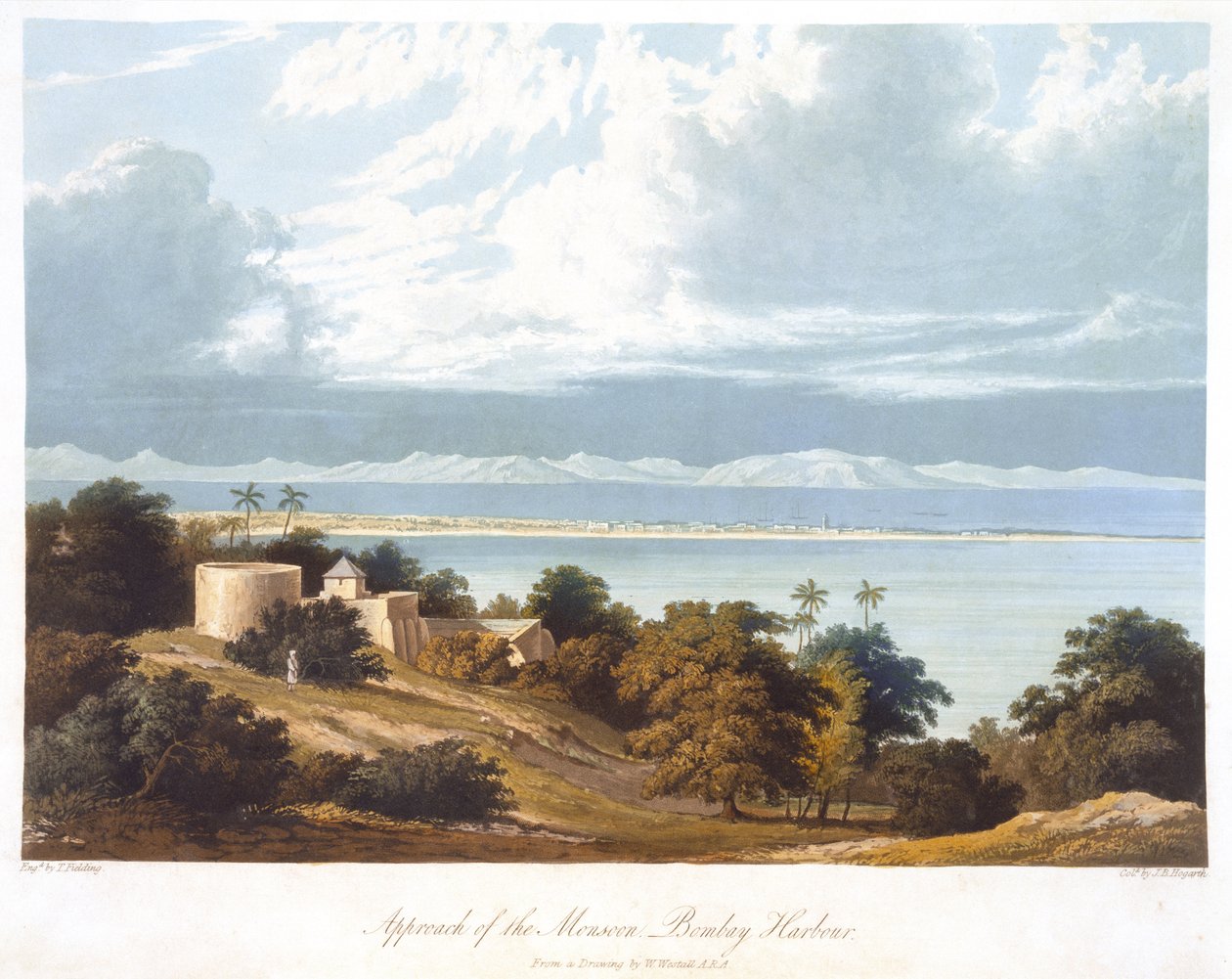 نهج Monsoon ، بومباي هاربور ، من رسم رسمه ويليام ويستال (1781-1850) من المشهد والأزياء والهندسة المعمارية في الهند منقوش بواسطة T. Fielding ، ملونة بواسطة JB Hogarth ، تم نشره 182 بواسطة روبرت ميلفيل بعد Grindlay