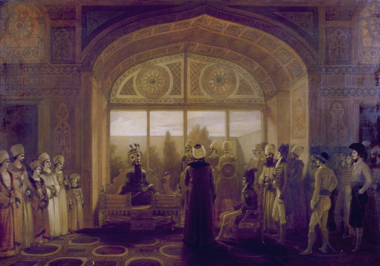 شاه فتح علي ، شاه فارس (1797-1835) يستقبل السير هارفورد جونز في الحضور بواسطة روبرت سميرك