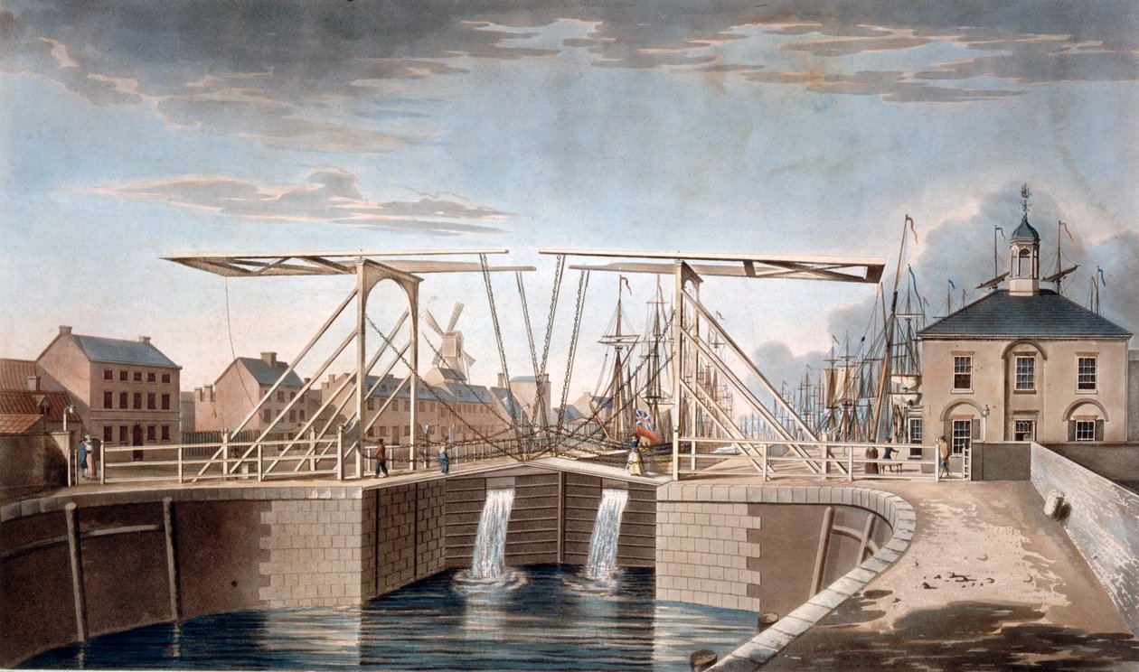 جسر Bascule و New Docks at Kingston-upon-Hull ، يوركشاير ، 1786 (ألوان مائية ملونة) بواسطة روبرت ثيو