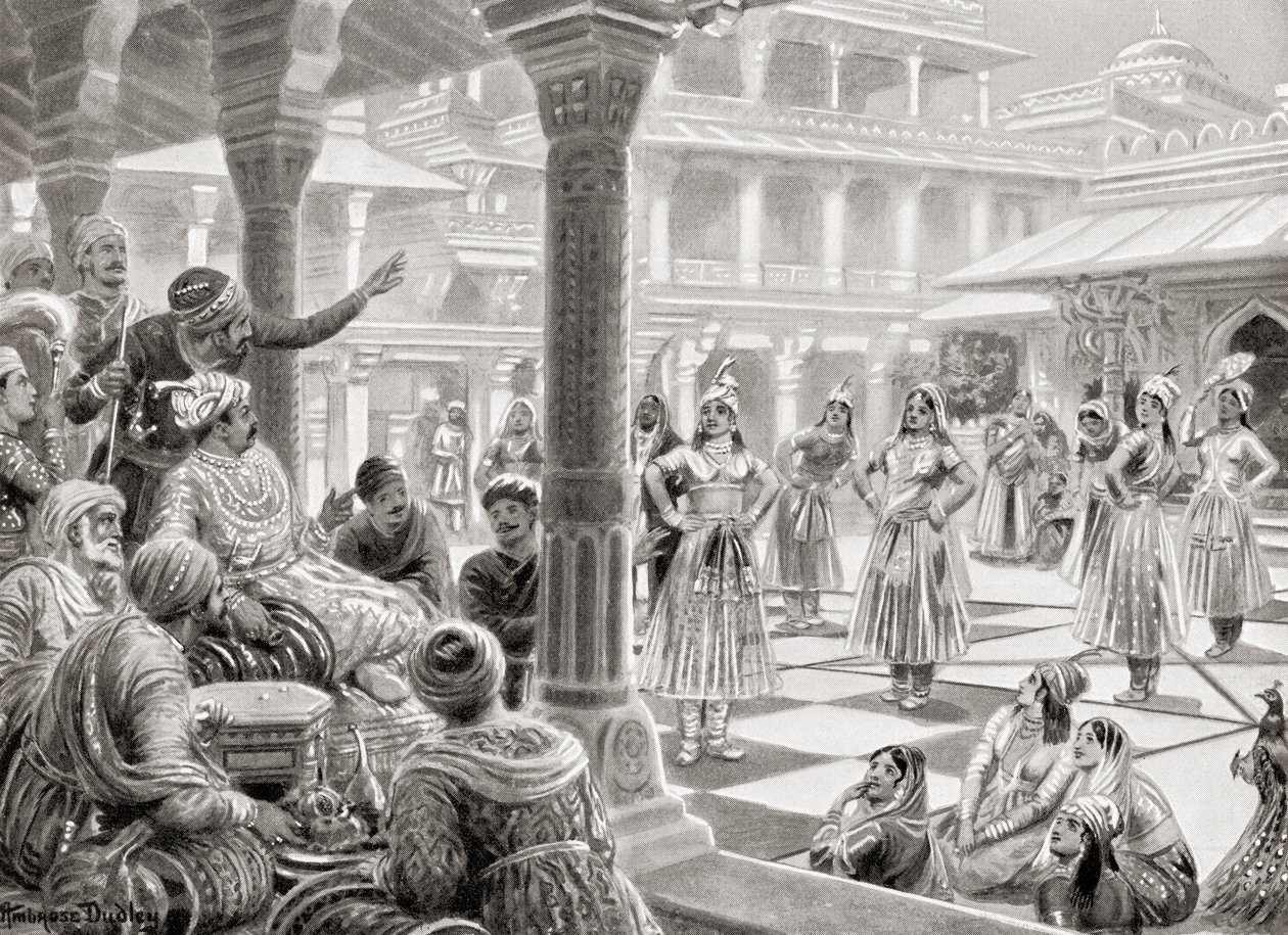 أكبر يلعب pachisi أو chaupur مع القطع الحية في Fatehpur Sikri في عام 1575 ، من Hutchinson History of the Nations ، حانة 1915 بواسطة روبرت (بعد) دادلي