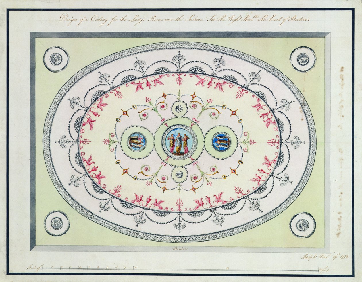 تصميم للسقف في غرفة السيدات ، هيدفورت هاوس ، 1772 (مرحاض ، قلم وحبر فوق الجرافيت على ورق مدرج) بواسطة روبرت آدم