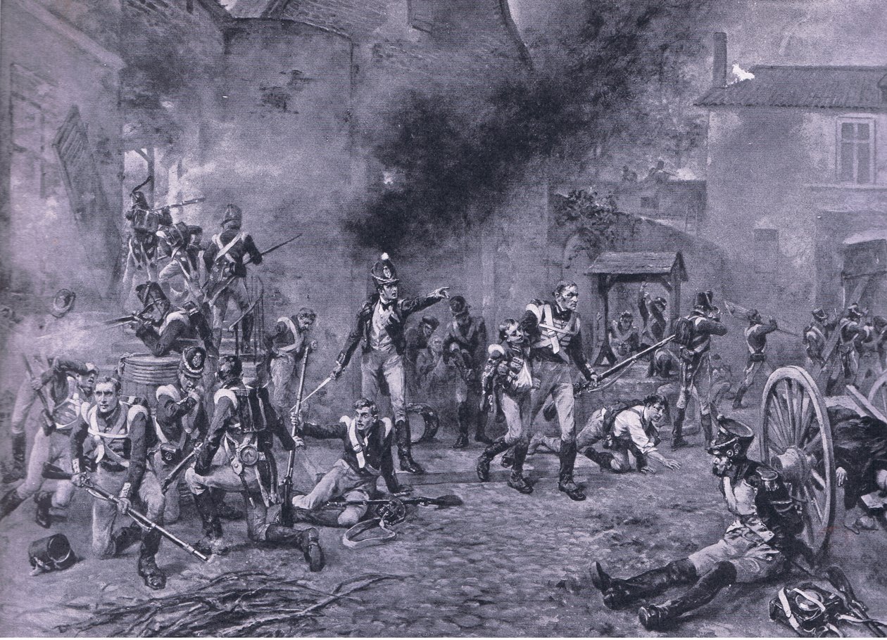 الدفاع عن Hougoumont في 18 يونيو 1815 ، توضيح من المعارك البريطانية في البر والبحر ، 1915 بواسطة روبرت الكسندر هيلينجفورد