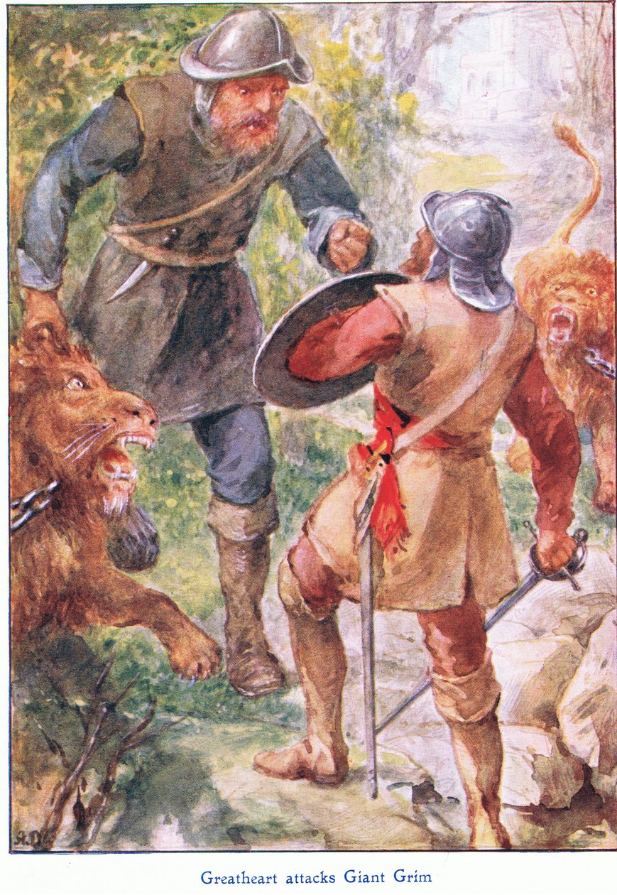 النوبات القلبية العظيمة ، العملاق القاتم ، من كتاب The Pilgrims Progress الذي نشره John F Shaw & Co ، عام 1900 (لون ليثو) بواسطة روبرت أمبروز دادلي