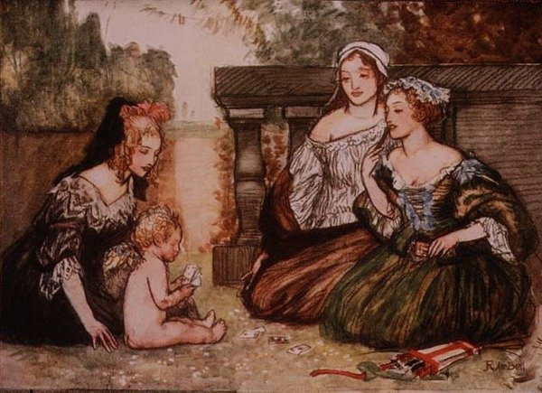 لعب كيوبيد و Campaspe الخاص بي في بطاقات Kisses ، من Palgrave's Golden Treasury ، نُشر عام 1907 (لون ليثو) بواسطة روبرت أنينج بيل