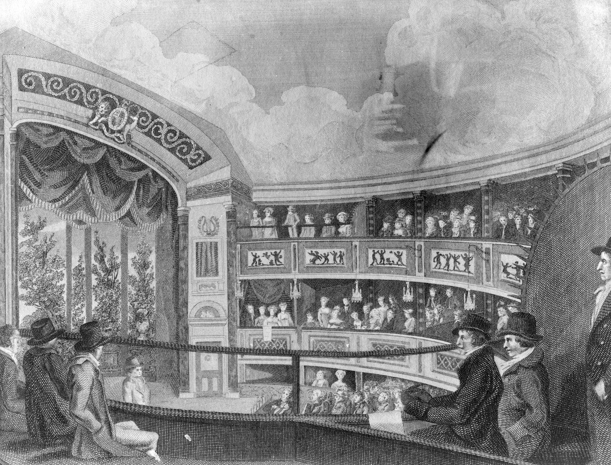 داخل المسرح الأولمبي بالقرب من دروري لين ، نقش بواسطة هنري ريتشارد كوك ، 1816 بواسطة روبرت بليميل شنيبيلي
