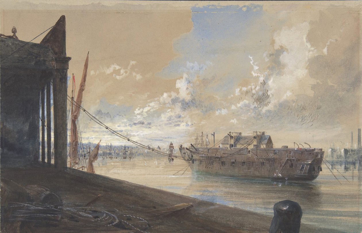 مرت الكبل من الأشغال إلى الهيكل ، الفرقاطة القديمة إيريس ملقاة في نهر التايمز ... ، 1865-1866 بواسطة روبرت تشارلز دادلي
