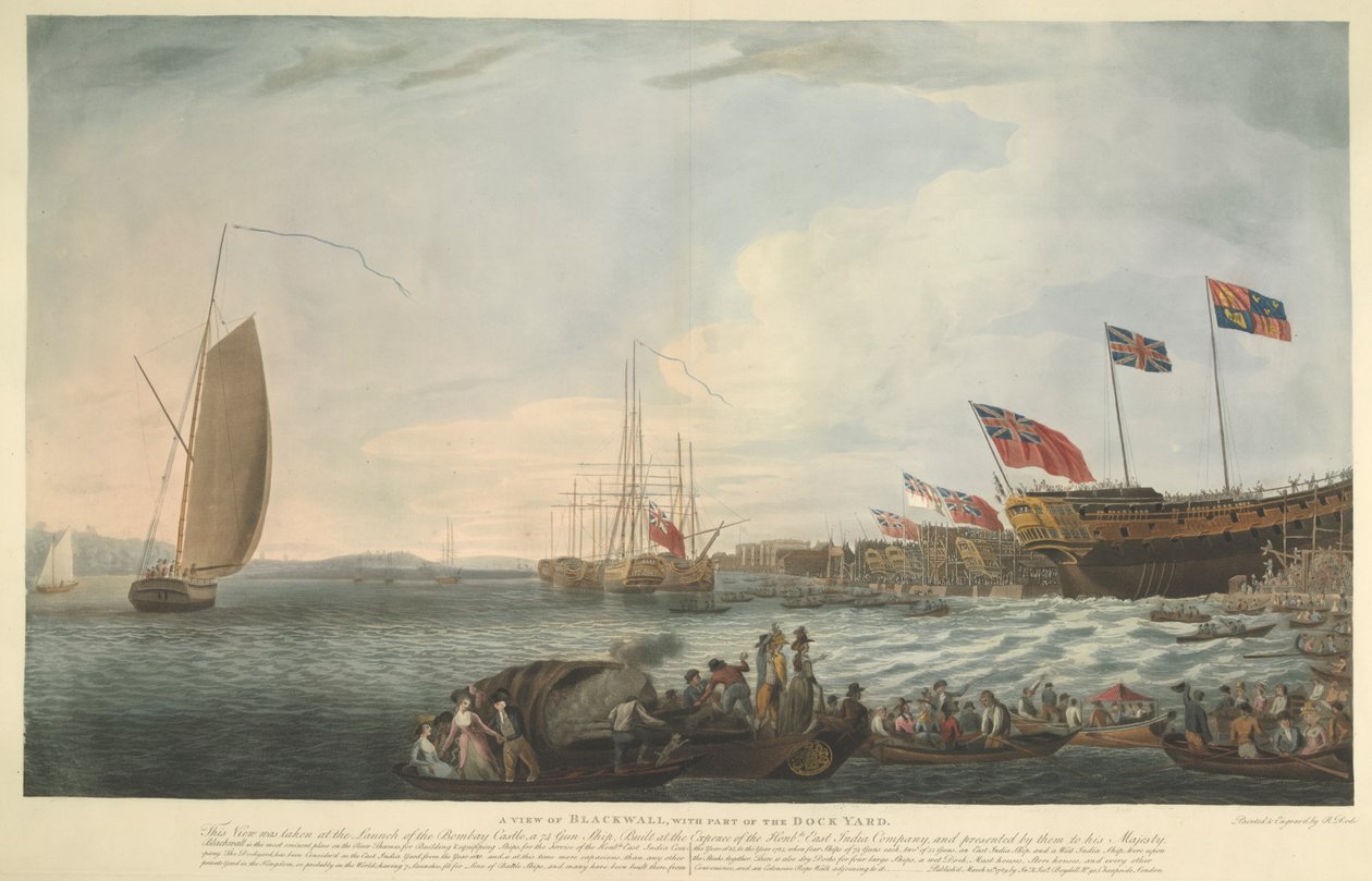 A View of Blackwall ، مع جزء من Dockyard ، عند إطلاق قلعة بومباي ، 74 بندقية ، تم بناؤها على نفقة Hon. شركة الهند الشرقية وقدموها إلى جلالة الملك في يونيو 1782 بواسطة روبرت دود