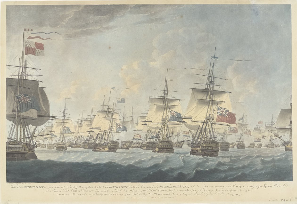 معركة Kamperduin (1797): هجوم من قبل الأسطول البريطاني منظر للأسطول البريطاني ظهرًا في 11 أكتوبر 1797 ، تحمّل الهجوم لمهاجمة الأسطول الهولندي (...) (العنوان على الشيء) بواسطة روبرت دود