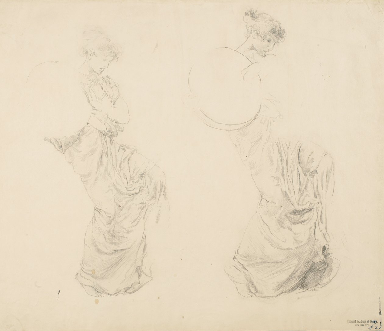 دراسة لشخصيتين من Moods to Music mural ، 1893-95 (الجرافيت بقلم رصاص أحمر على ورق نسج برتقالي) بواسطة روبرت فريدريك بلوم