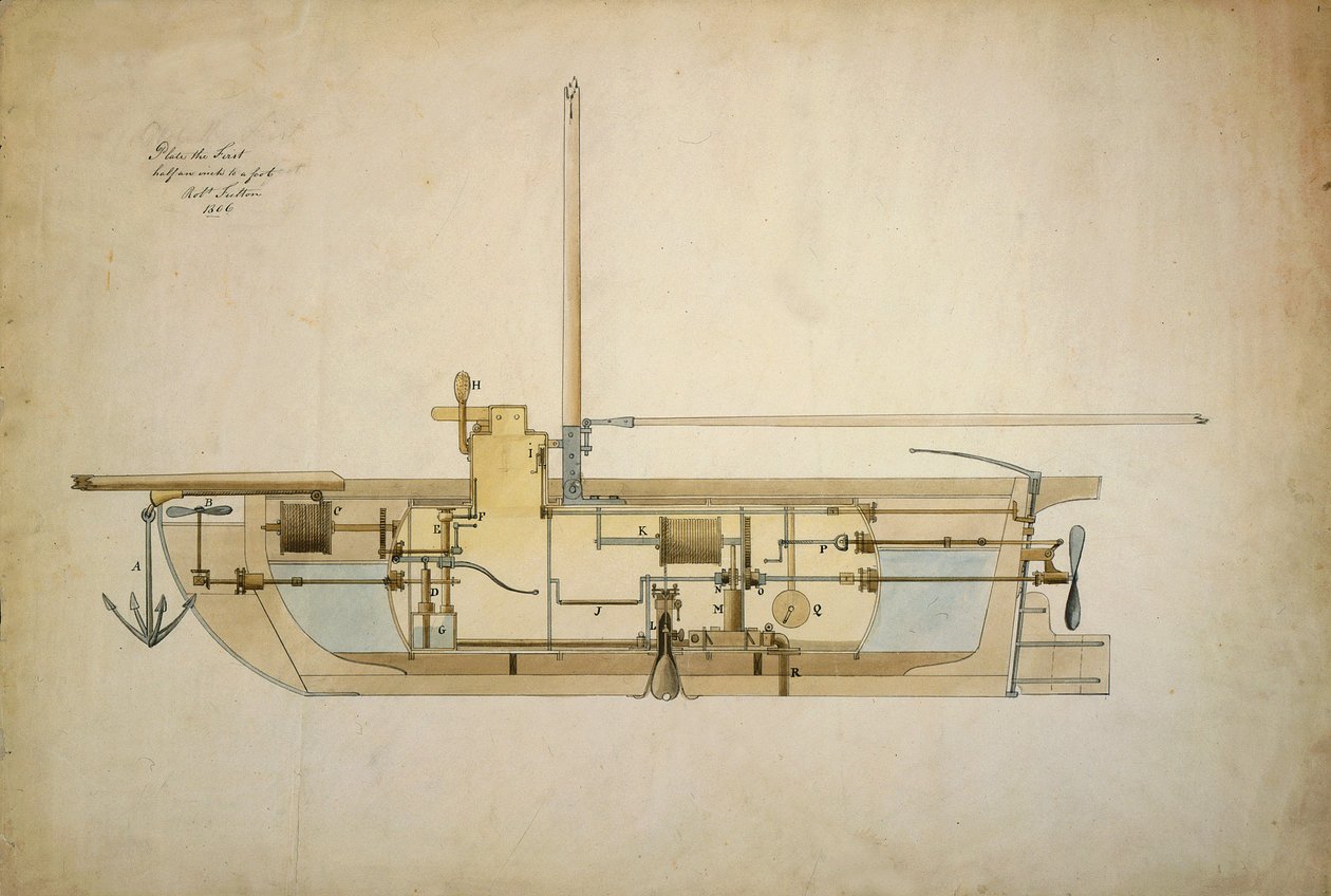 الرسم الأصلي لـ Nautilus ، أول قارب تحت الماء (غواصة) ، قدمه مخترعه روبرت فولتون (1765-1815) إلى مجلس الشيوخ الأمريكي في عام 1806. بواسطة روبرت فولتون