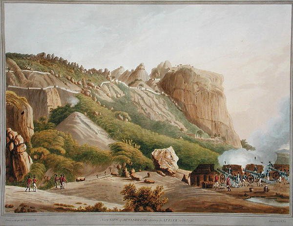 منظر شمالي لـ Sewandroog يُظهر الهجوم في ديسمبر 1791 ، رسم توضيحي من "اثني عشر مشهدًا لميسور ، بلد السلطان تيبو" محفور وملون بواسطة JW Edy ، نُشر عام 1804 (مائي ملون) بواسطة روبرت هـ. (بعد) كولبروك
