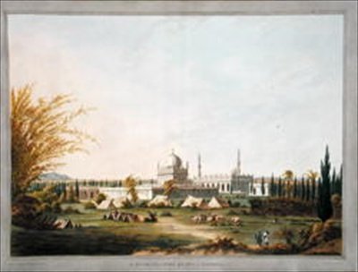ضريح حيدر علي خان في Laulbaug ، رسم توضيحي من 'اثنا عشر مشهدًا لميسور ، بلد تيبو سلطان' ملونًا ونقشًا بواسطة JW Edy ، نُشر عام 1804 (مائي ملون) بواسطة روبرت هـ. (بعد) كولبروك