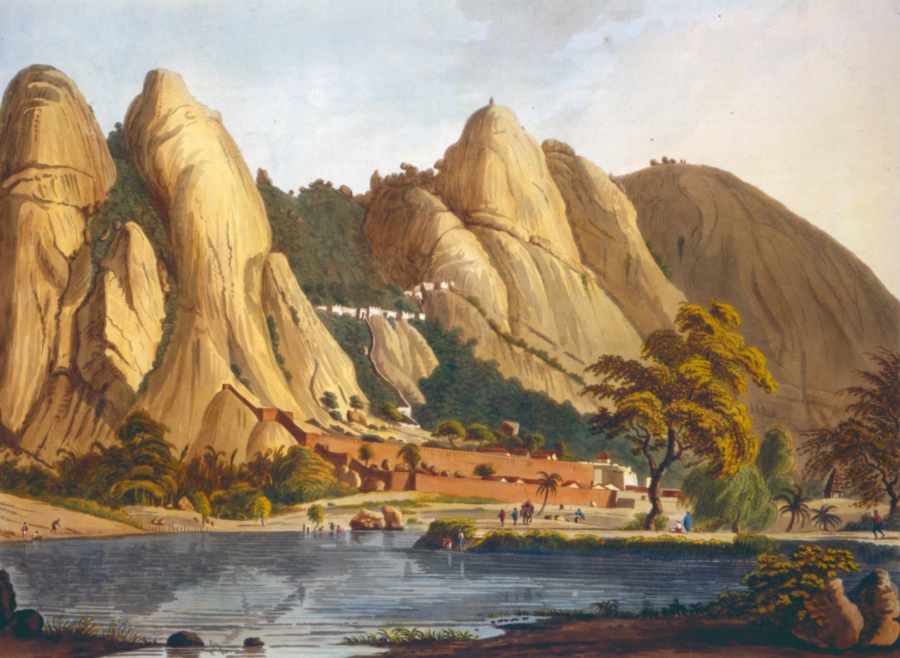 المنظر الجنوبي لـ Sewandroog ، رسم توضيحي من Twelve Views of Mysore ، بلد Tippoo Sultan محفور وملون بواسطة JW Edy ، تم نشره عام 1804 (ألوان مائية) بواسطة روبرت إتش. كولبروك