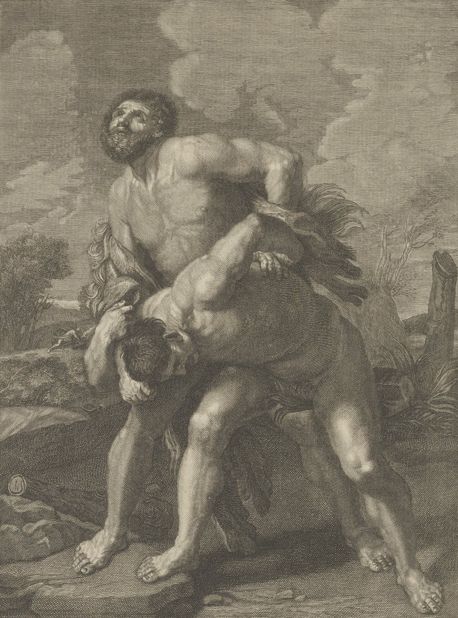 هرقل يرتدي جلد أسد ويقاتل أخيلوس ، منظر طبيعي في الخلفية ، ... ، كاليفورنيا. 1713-72. بواسطة روبرت هيكيت