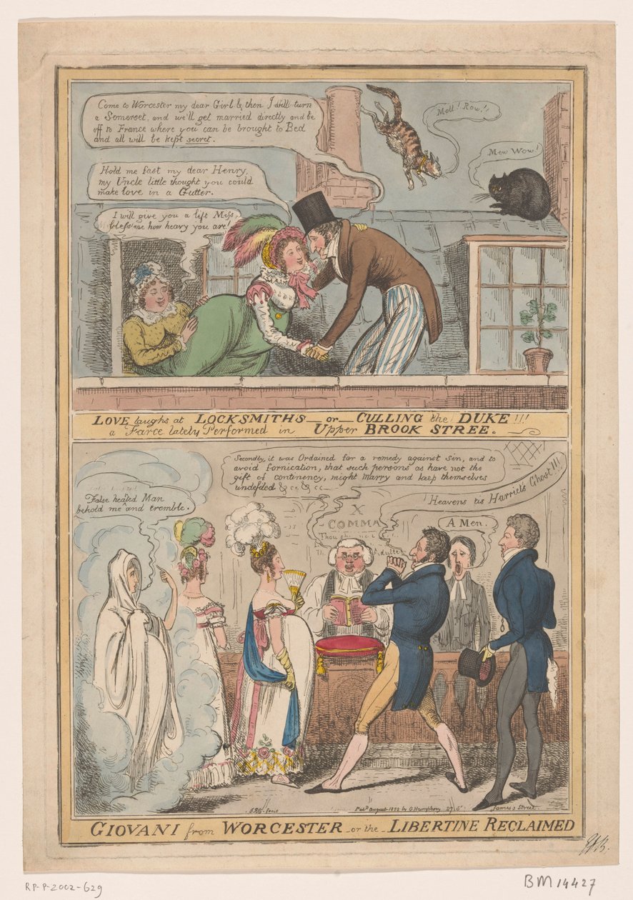 Spotprent over het huwelijk van de markies van Worcester en Anne Francis Culling Smith، 1822 الحب يضحك على الأقفال -أو- يقتل الدوق !!! مهزلة تم إجراؤها مؤخرًا في شارع Upper Brook Street / Giovani من Worcester - أو - تم استرداد Libertine (العنوان على بواسطة روبرت إسحاق كروكشانك
