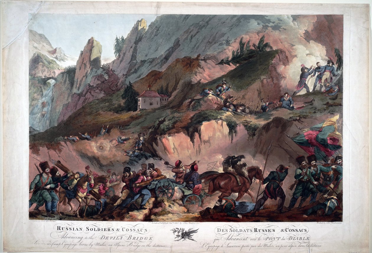 في عام 1799 ، قاتلت قوات نابليون على جسر الشيطان ضد الروس بقيادة الجنرال سوفاروف - الجيش الروسي يعبر جسر الشيطان عام 1799 - بورتر ، روبرت كار (1777-1842) - 1804 - أكواتينت - 63 × 91.3 - مجموعة خاصة بواسطة روبرت كير بورتر