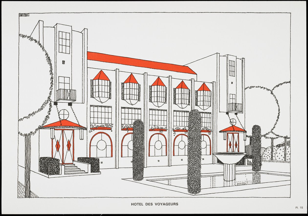 Hôtel des voyageurs ، من Une Cite Moderne ، رسومات من قبل روب ماليت ستيفنز المهندس المعماري ، 1987 (منشور) بواسطة روبرت ماليت ستيفنز