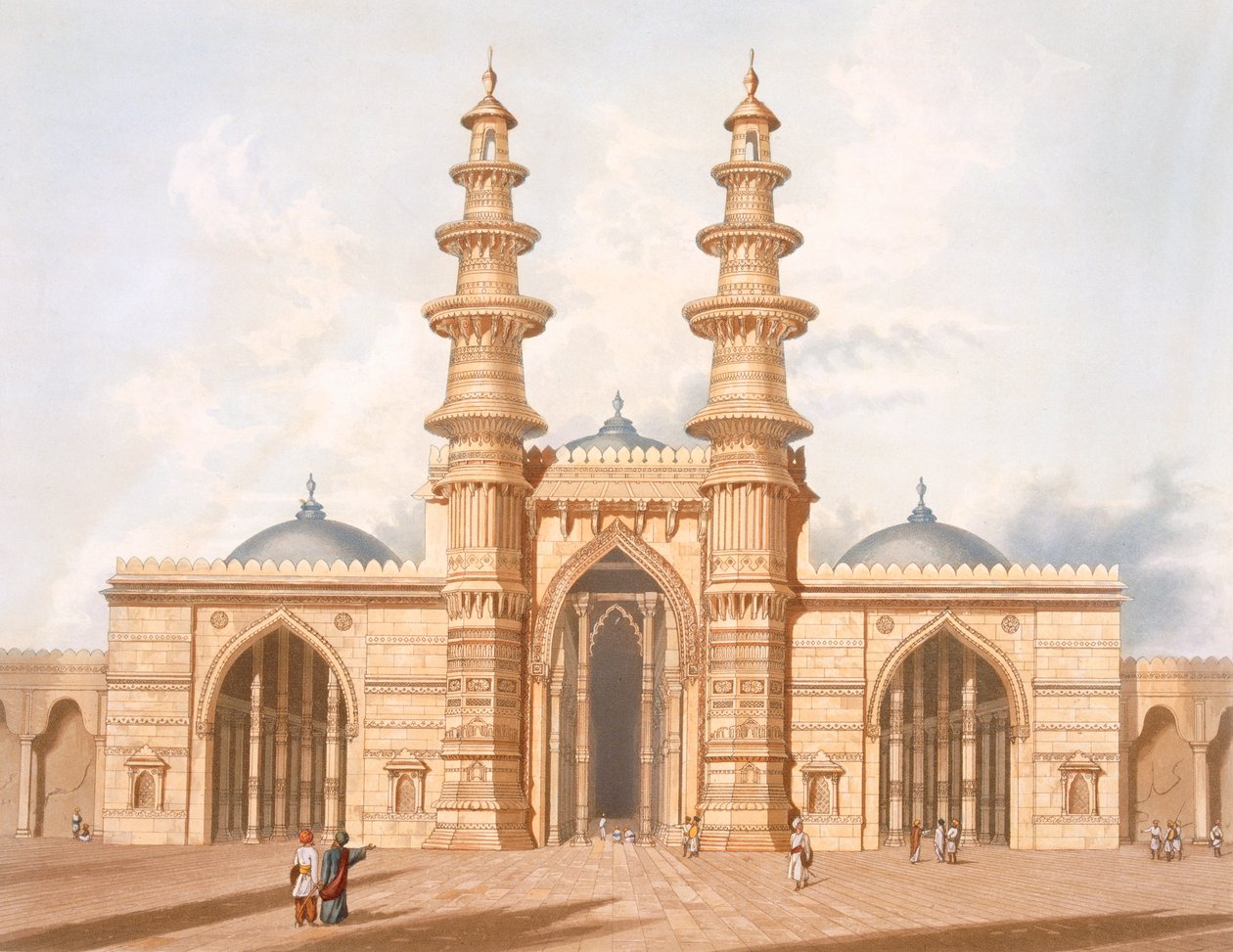 مآذن أحمد آباد المهتزة ، من المجلد الأول من "المناظر الطبيعية والأزياء والهندسة المعمارية في الهند" ، محفور بواسطة جي هوكينز ، نقشها ت. فيلدينغ وتلوينها جيه بي هوغارث بواسطة روبرت ميلفيل (بعد) جريندلاي