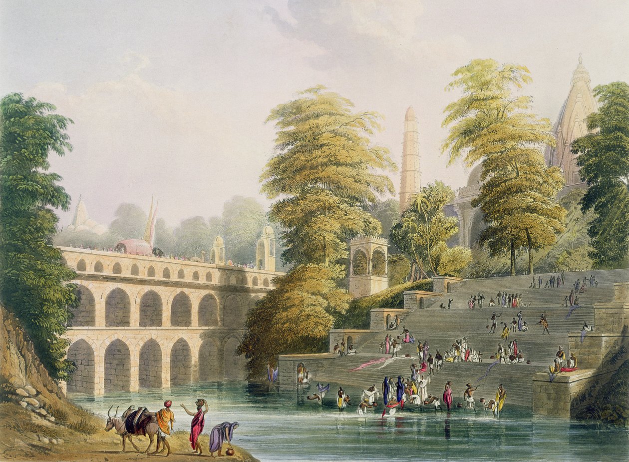 منظر للجسر بالقرب من بارودا في جوزيرات ، من المجلد الثاني من "المناظر الطبيعية والأزياء والهندسة المعمارية في الهند" ، محفور بواسطة J.Welis و H. Melville ، منقوش بواسطة Charles Bentley (1806-54) Pub. بواسطة سميث ، ش بواسطة روبرت ميلفيل جريندلاي