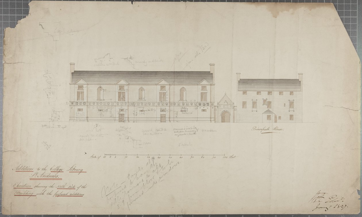 رسم معماري لمكتبة الجامعة 1827 (قلم رصاص ومرحاض على ورق) بواسطة روبرت بايتون ريد