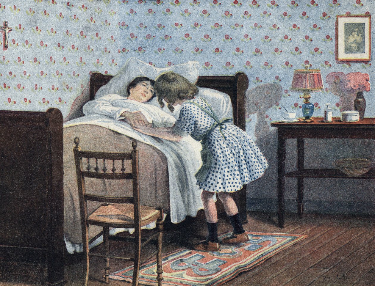 طفلة صغيرة بجانب سرير والدتها المريضة تنتظر حربها. رسم إيضاحي لروبرت ساليس (1871-1929) في "" Je sais Lire "". بواسطة روبرت ساليس