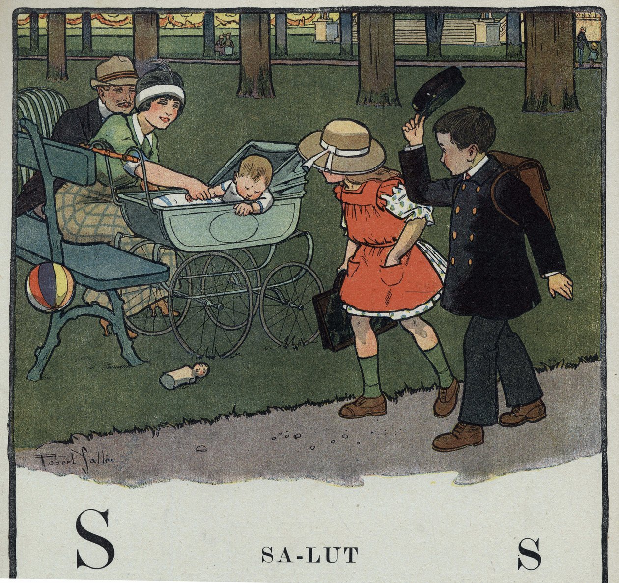 كتاب الأطفال "" سوف أقرأ - الأبجدية المنهجية والممتعة لأبي "" "1926. رسم لروبرت ساليس (1871-1929). Abecedary: حرف S باسم Salut. صبي يحيي زوجين وطفلهما برفع قبعته. بواسطة روبرت ساليس