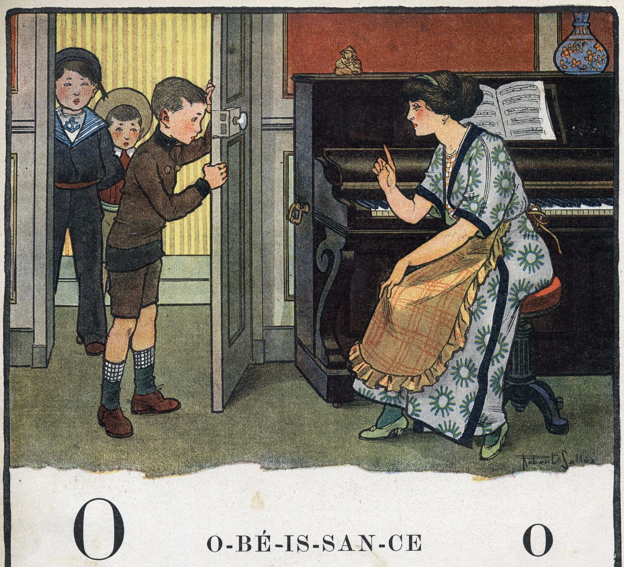 كتاب الأطفال "" سوف أقرأ - الأبجدية المنهجية والممتعة لأبي "" "1926. رسم لروبرت ساليس (1871-1929). Abecedary: الحرف O كطاعة. أم توبيخ أولادها. بواسطة روبرت ساليس