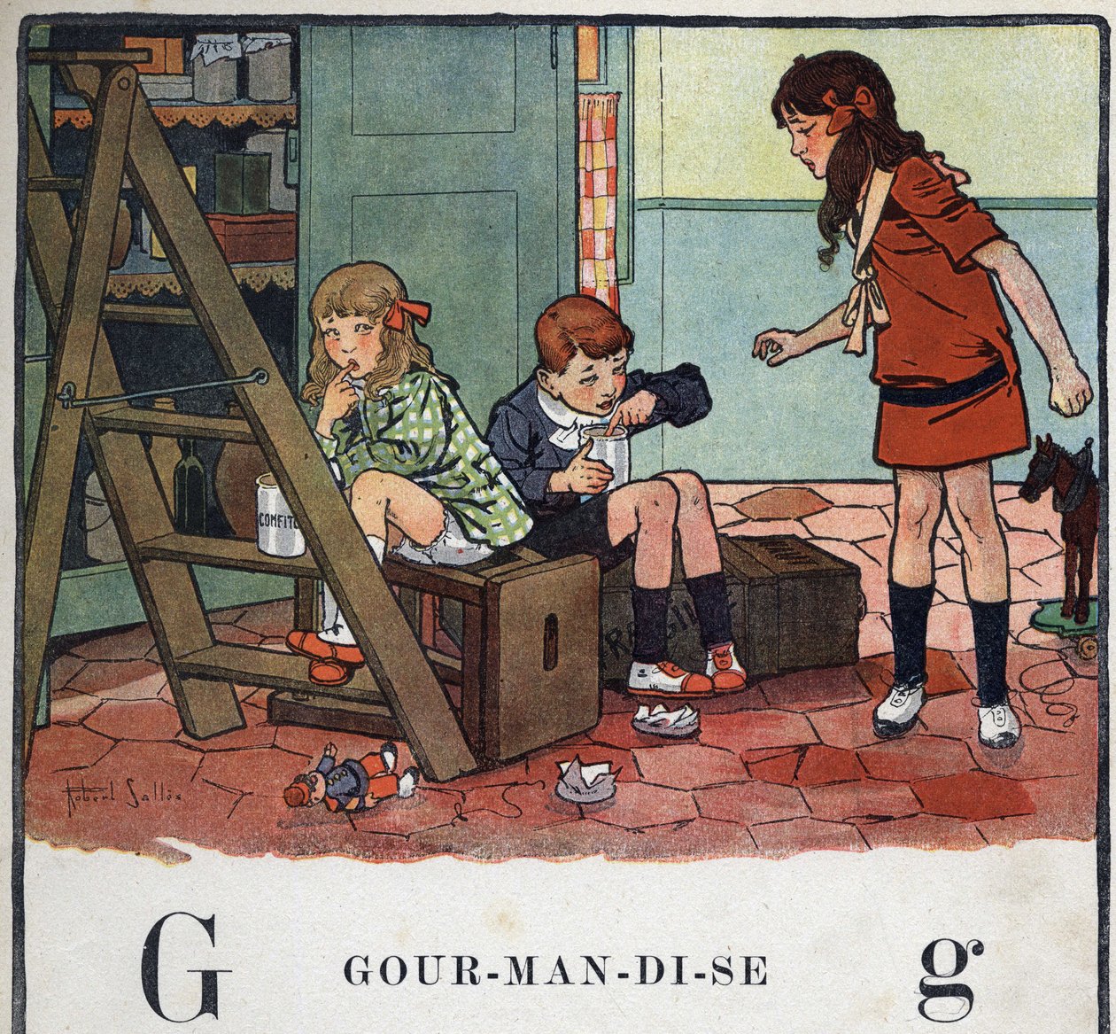كتاب الأطفال "" سوف أقرأ - الأبجدية المنهجية والممتعة لأبي "" "1926. رسم لروبرت ساليس (1871-1929). Abecedary: حرف G كـ Gourmandise. فتاة وفتيان يأكلون الفاكهة المسكرة في الخفاء. بواسطة روبرت ساليس