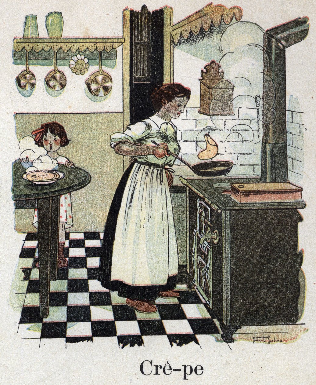 كتاب الأطفال "" سوف أقرأ - الأبجدية المنهجية والممتعة لأبي "" "1926. رسم لروبرت ساليس (1871-1929). الأم تنفخ الكريب في المقلاة. بواسطة روبرت ساليس