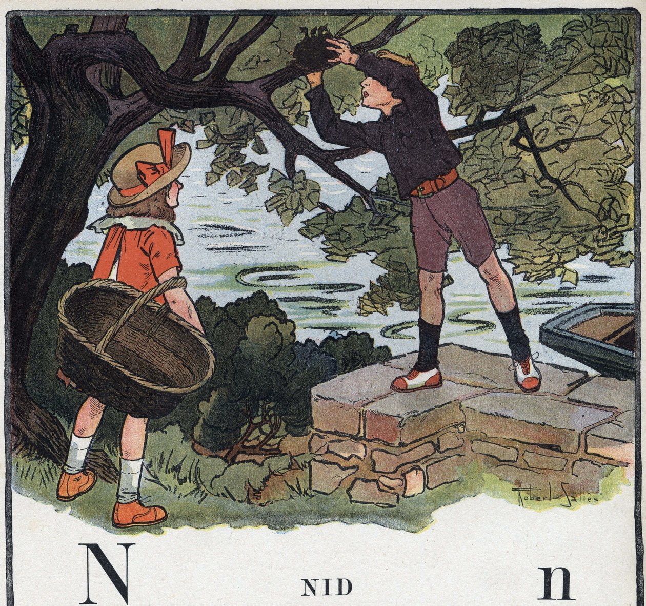 كتاب الأطفال "" سوف أقرأ - الأبجدية المنهجية والممتعة لأبي "" "1926. رسم لروبرت ساليس (1871-1929). Abecedary: الحرف N كعش. صبي يأخذ عشًا مبنيًا على شجرة. بواسطة روبرت ساليس