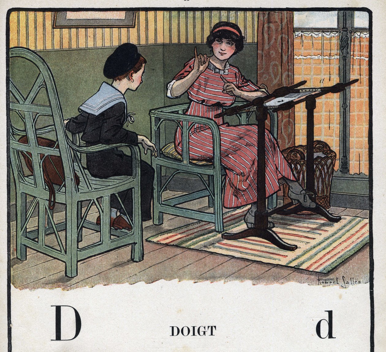كتاب الأطفال "" سوف أقرأ - الأبجدية المنهجية والممتعة لأبي "" "1926. رسم لروبرت ساليس (1871-1929). Abecedary: الحرف D كاصبع. أم تشرح لابنها التطريز. بواسطة روبرت ساليس