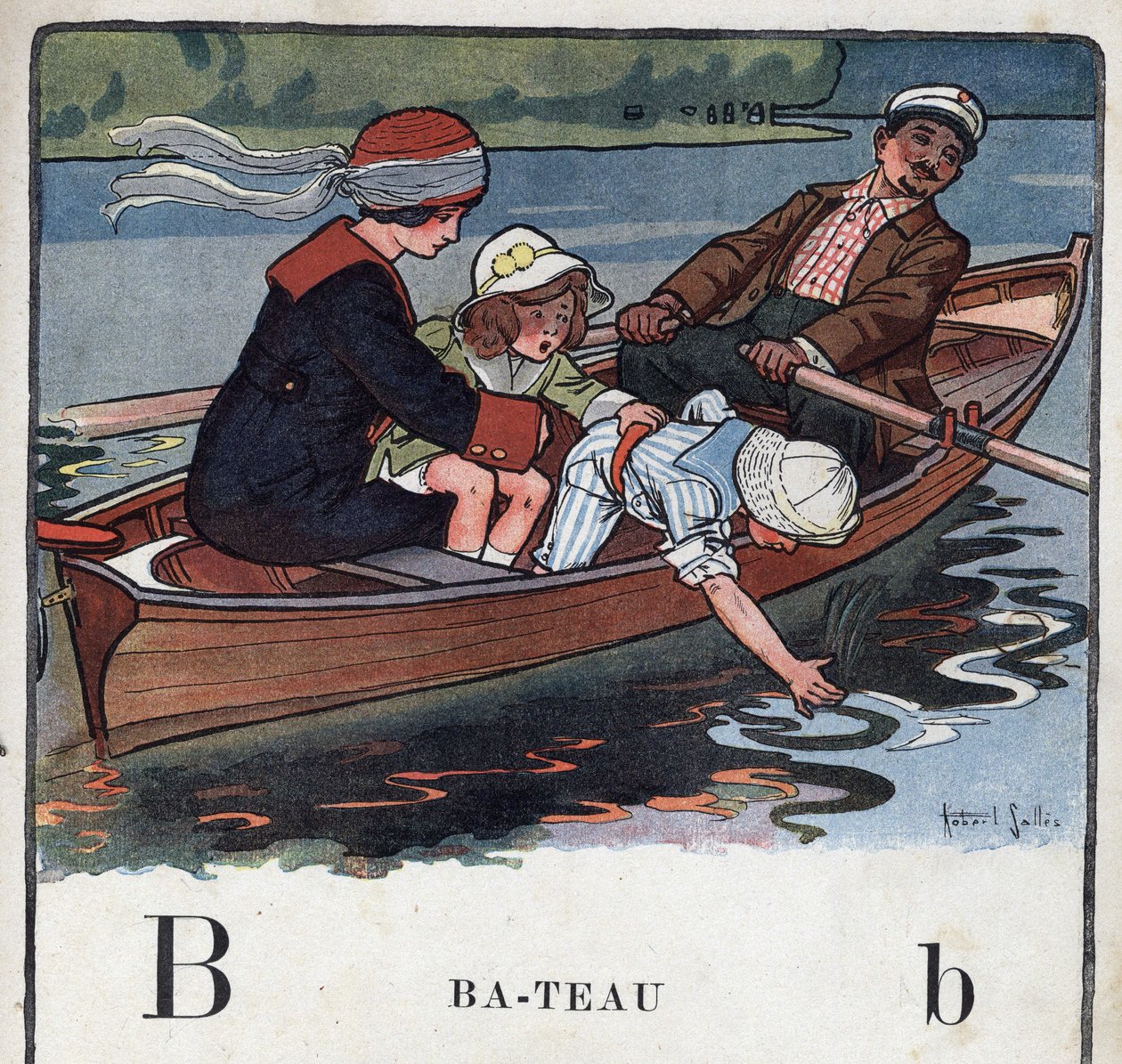 كتاب الأطفال "" سوف أقرأ - الأبجدية المنهجية والممتعة لأبي "" "1926. رسم لروبرت ساليس (1871-1929). Abecedaire: الحرف B على شكل قارب. عائلة في قارب تمشي. بواسطة روبرت ساليس