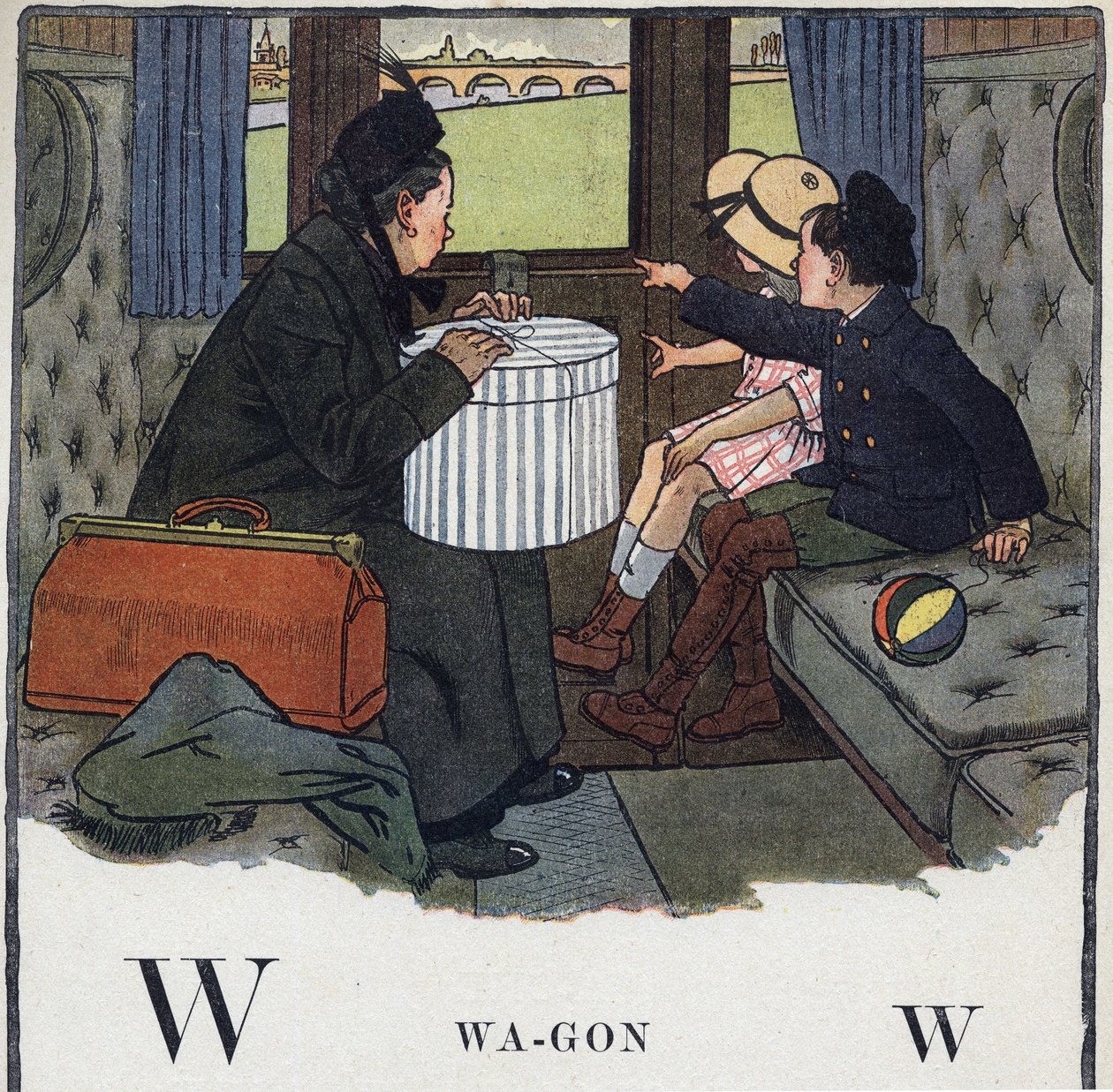 كتاب الأطفال "" سأقرأ - الأبجدية المنهجية والممتعة لأبي "" "1926. رسم لروبرت ساليس (1871-1929). Abecedaire: الحرف W مثل عربة. طفلان مع والدتهما يسافران في مقصورة قطار. بواسطة روبرت ساليس
